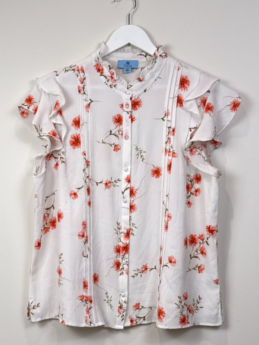 CeCe Womens XL White Floral Ruffle Sleeve Pintuck Blouse High Neck Top